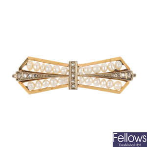 A mid 20th century cultured pearl and diamond bow brooch.