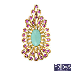 A mid 20th century turquoise, ruby and diamond brooch.
