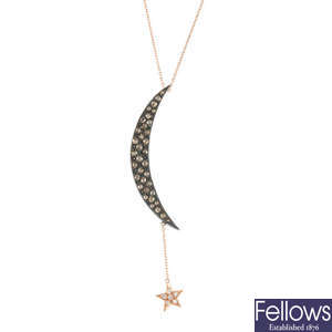 A diamond moon and star pendant, on chain.