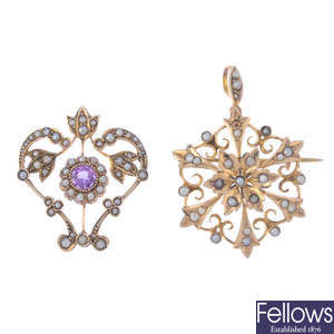 Two early 20th century 9ct gold split-pearl and amethyst pendants.