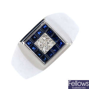 A gentleman's 18ct gold diamond and sapphire signet ring.