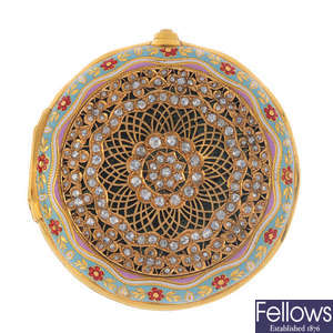 A mid 20th century 18ct gold enamel and diamond compact.