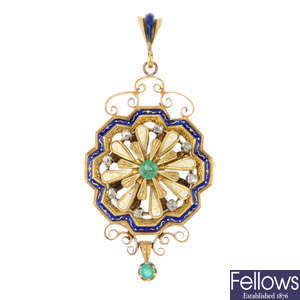 A set of emerald, diamond and enamel jewellery.