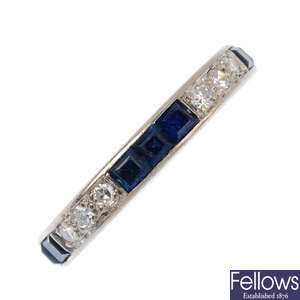 A diamond and sapphire full-circle eternity ring.