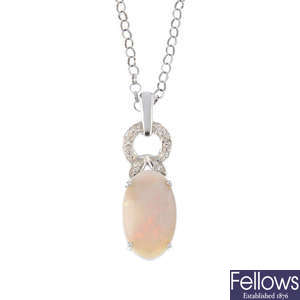 A 9ct gold opal and diamond pendant.