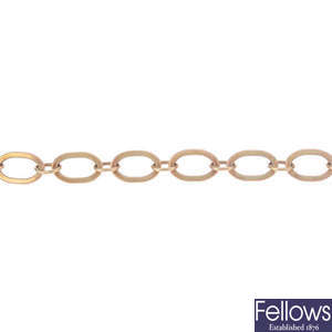 A 9ct gold bracelet and a pair of 9ct gold hoop earrings.