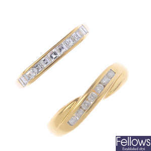 Two 18ct gold diamond band rings.