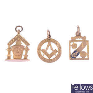Three early 20th century 9ct gold Masonic pendant fobs.