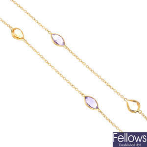 An 18ct gold amethyst and citrine necklace.