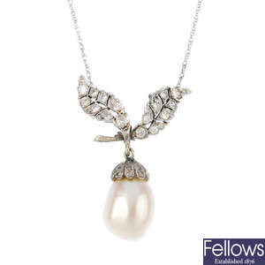 A cultured pearl and diamond acorn pendant, on chain.