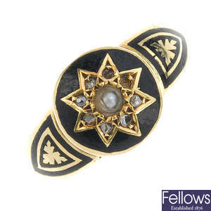 A late Victorian 15ct gold memorial diamond and enamel ring.