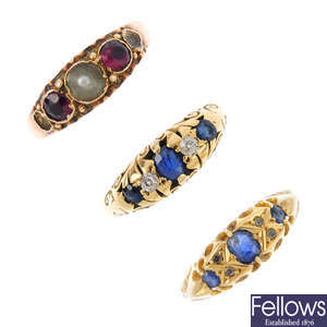 Three late 19ct century and early 20th century gold gem-set dress rings.