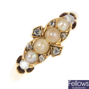 A late Victorian 18ct gold diamond and split-pearl ring.