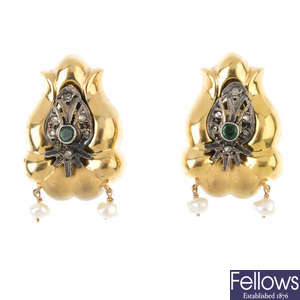 A pair of diamond, emerald and cultured pearl earrings.
