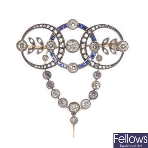 An early 20th century diamond and sapphire brooch, with chain.
