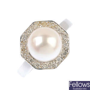 A set of diamond and cultured pearl jewellery.