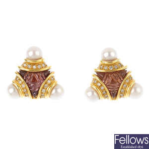 A pair of diamond, tourmaline and cultured pearl earrings.