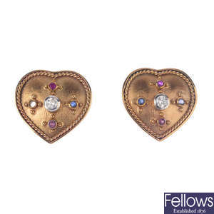 A pair of 9ct gold diamond and gem-set earrings.