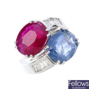 A Burma ruby and Burma sapphire crossover ring.