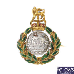 A 9ct gold and enamel Royal Marines brooch.