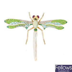 A gem-set and enamel dragonfly brooch.