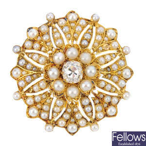A late Victorian gold, diamond and split pearl brooch.