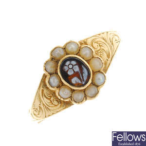 A late Victorian gold split pearl forget-me-not memorial ring.
