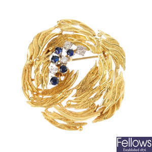A 1960s 18ct gold sapphire and diamond brooch.
