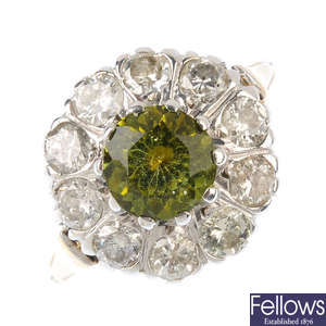 A 9ct gold tourmaline and diamond cluster ring.