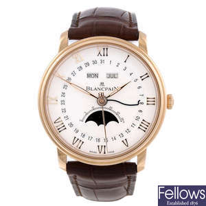 CURRENT MODEL: BLANCPAIN - a gentleman's 18ct rose gold Villeret Quantième Complet Demi-Savonette wrist watch.