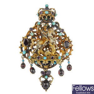 An Austro Hungarian garnet and turquoise brooch.
