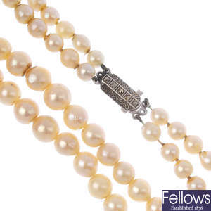 A cultured pearl two-strand necklace.