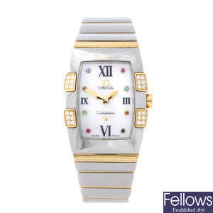 OMEGA - a lady's factory diamond set bi-metal Constellation Quadrella bracelet watch.