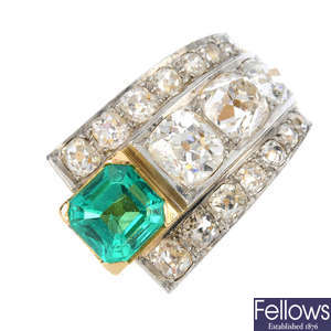 A 1940s gold, Colombian emerald and diamond cocktail ring.