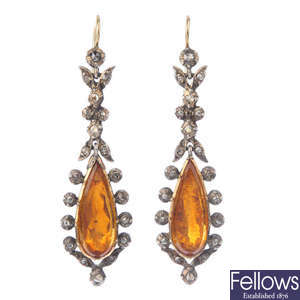 A pair of citrine and diamond earrings. 