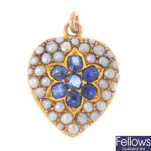 An early 20th century 15ct gold sapphire and split pearl heart pendant.