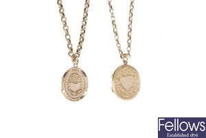 Two early 20th century 9ct gold lockets and chains.