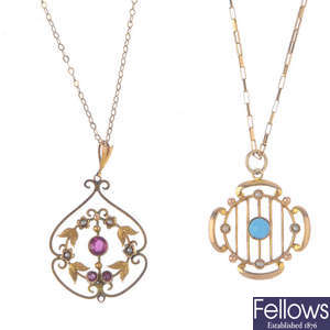 Two early 20th century gem-set pendants, with chains.