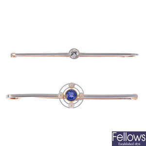 Two early 20th century 15ct gold and platinum gem-set bar brooches.