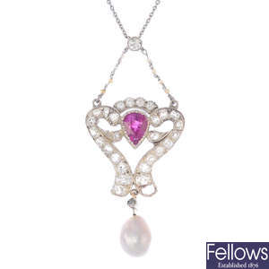 A diamond, ruby and natural pearl pendant, with chain.