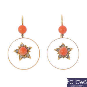 A pair of rock crystal, diamond and coral earrings.