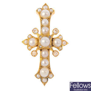 A diamond and pearl brooch.