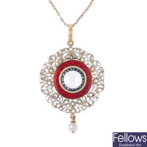 A diamond, enamel, moonstone and pearl pendant and chain.