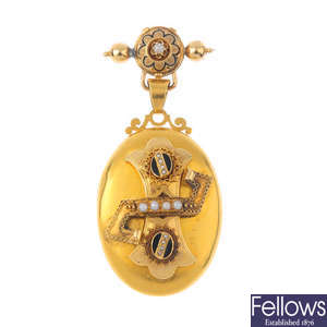 A Swedish 19th century 18ct gold, split pearl and enamel locket brooch.