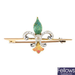 An enamel and cultured pearl brooch.