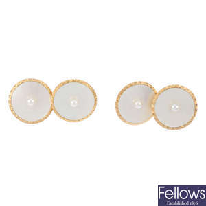 MIKIMOTO - A pair of mid 20th century 15ct gold mother-of-pearl and seed pearl cufflinks.
