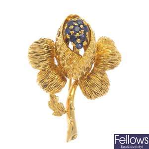 A mid 20th century sapphire floral brooch.