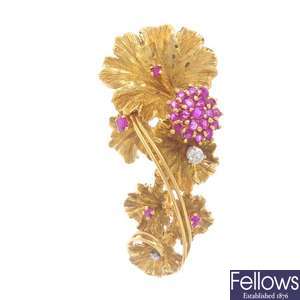 A 1960s 18ct gold diamond and ruby brooch.