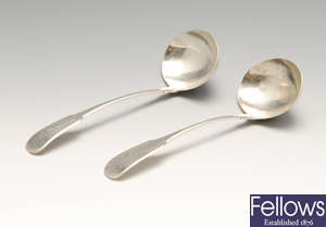 A matched pair of Irish silver sauce ladles, cased teaspoons, etc.