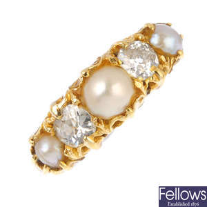 An early 20th century 18ct gold split pearl and diamond ring.
